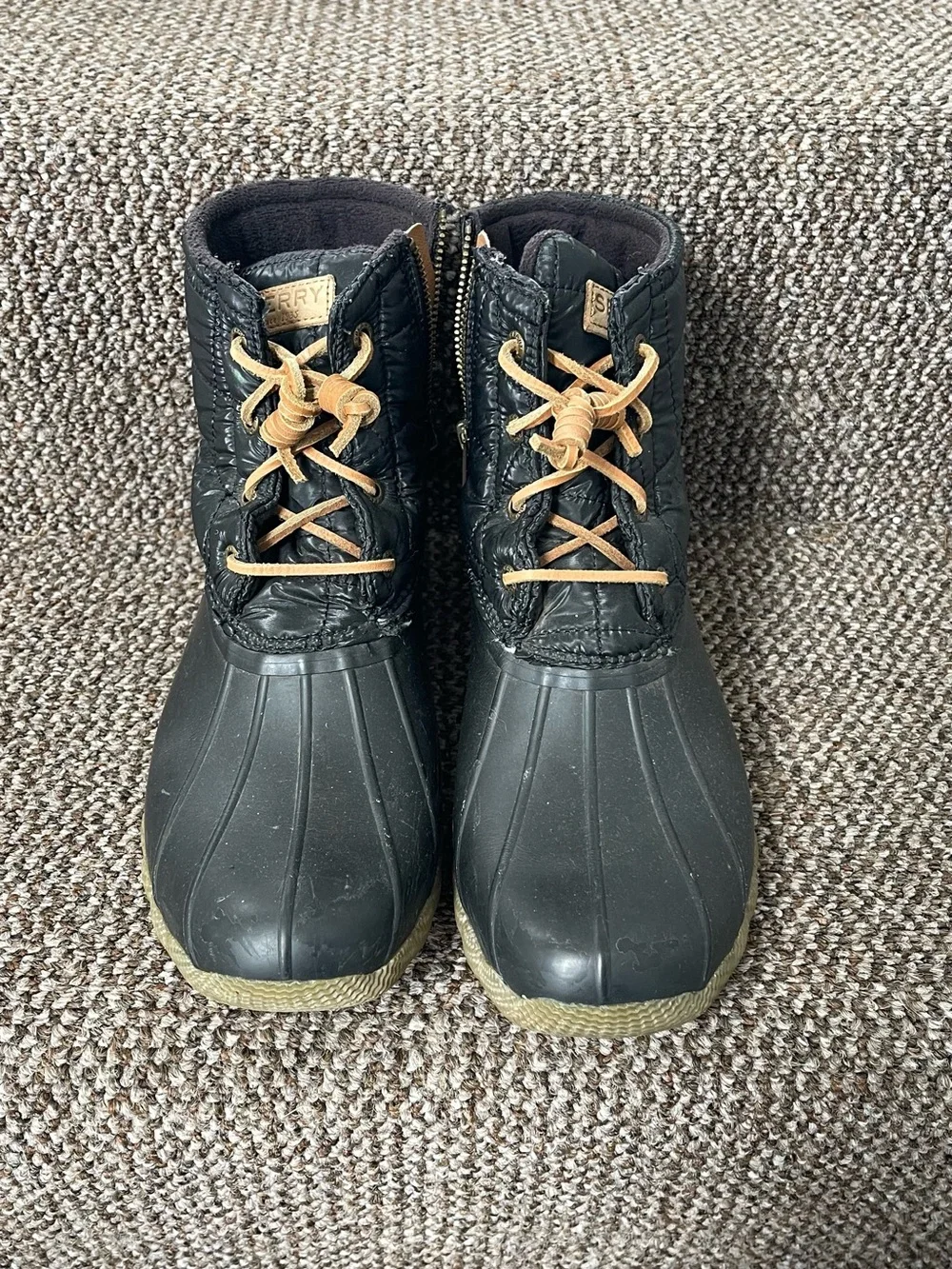 Sperry Black Duck Boots with Tan Laces and Quilted Upper